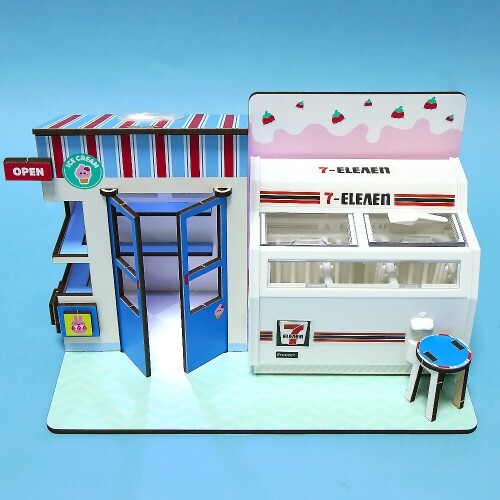 인쇄 우드 DIY 미니어처 부스 아이스크림 가게 만들기 놀이 1개입