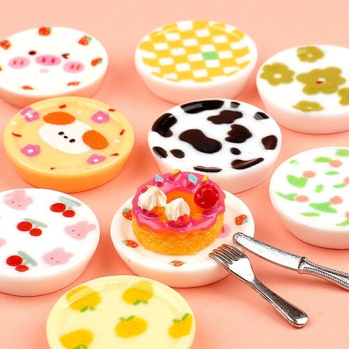 미니어처 원형 동물 체크 과일 꽃 접시 장식 데코 10개입 - 8종 택1